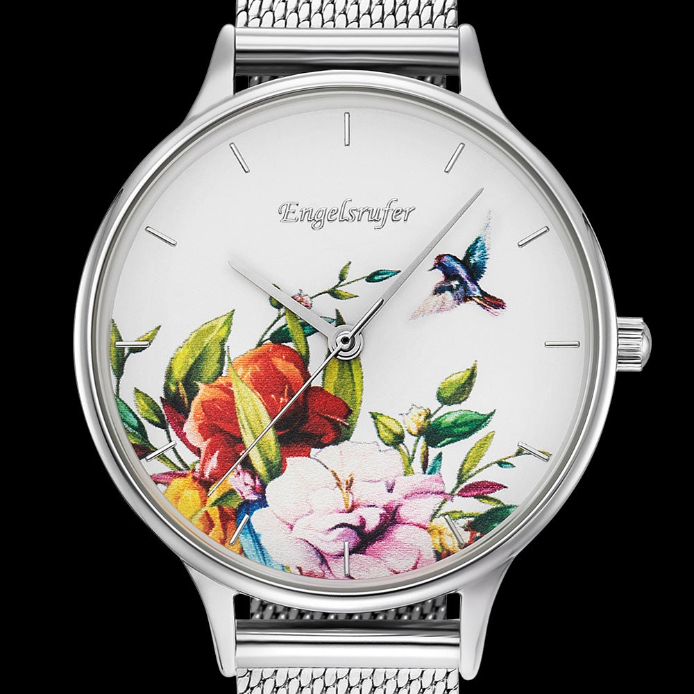 ENGELSRUFER ROMANTIC GARDEN SILVER MESH WATCH - DIAL CLOSE-UP