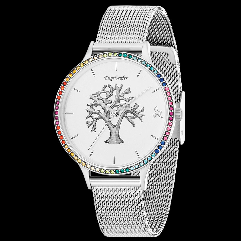 ENGELSRUFER TREE OF LIFE SILVER MESH RAINBOW CZ SURROUND WATCH - ANGLE VIEW