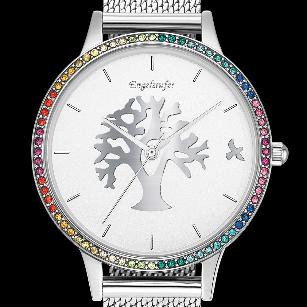 ENGELSRUFER TREE OF LIFE SILVER MESH RAINBOW CZ SURROUND WATCH - DIAL CLOSE-UP
