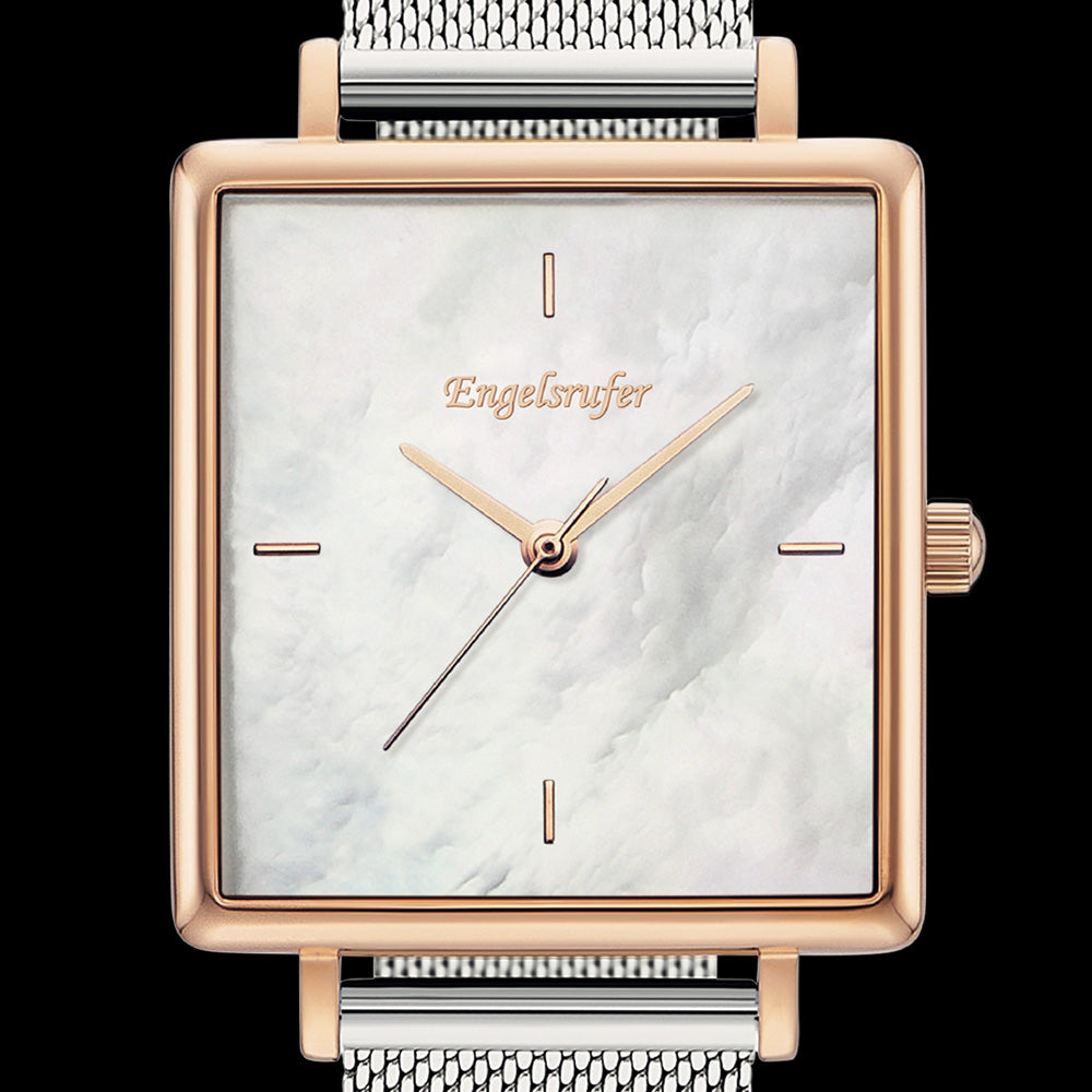 ENGELSRUFER MOTHER OF PEARL SQUARE ROSE GOLD SILVER MESH WATCH - DIAL CLOSE-UP