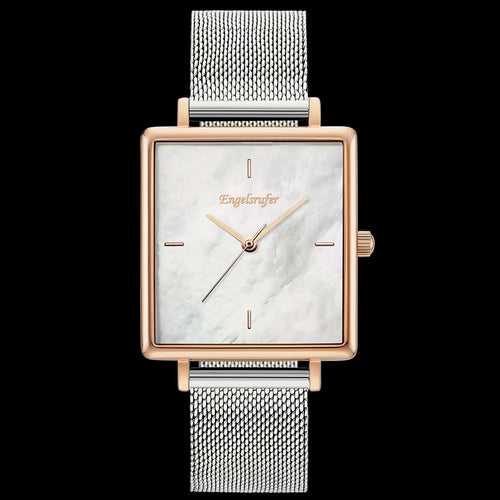 ENGELSRUFER MOTHER OF PEARL SQUARE ROSE GOLD SILVER MESH WATCH