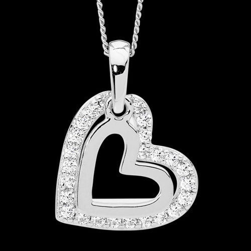 ELLANI STERLING SILVER DOUBLE HEART CZ SURROUND NECKLACE - CLOSE-UP