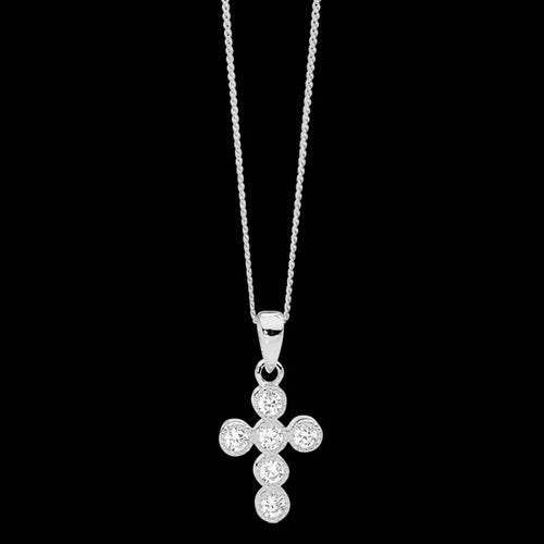 ELLANI STERLING SILVER 14MM CROWN SET CZ CROSS NECKLACE