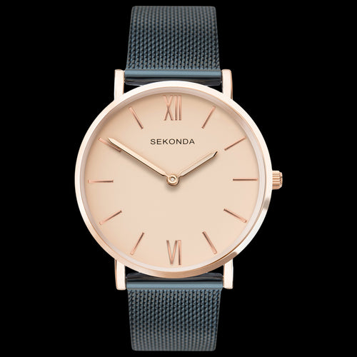 SEKONDA LADIES ROSE GOLD DIAL BLACK MESH WATCH