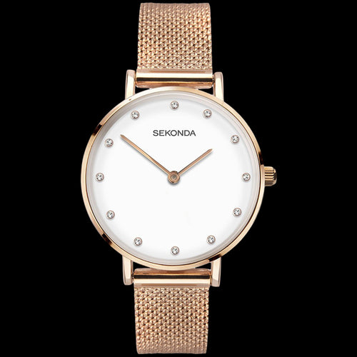 SEKONDA LADIES GEM HALO DIAL ROSE GOLD MESH WATCH