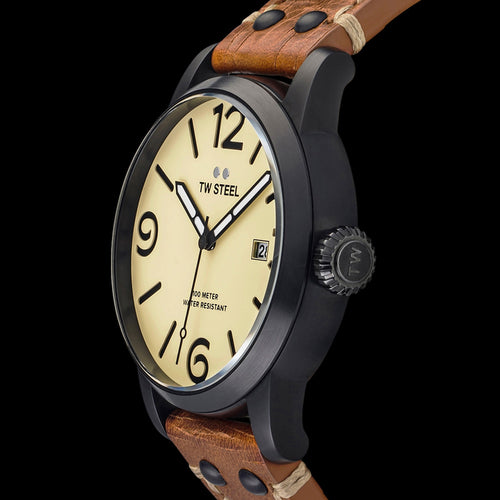 TW STEEL MAVERICK 48MM BLACK 3-HANDS TAN LEATHER WATCH MS42 - SIDE VIEW