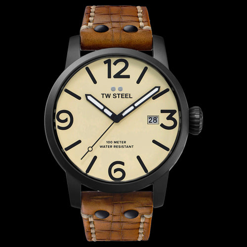 TW STEEL MAVERICK 48MM BLACK 3-HANDS TAN LEATHER WATCH MS42