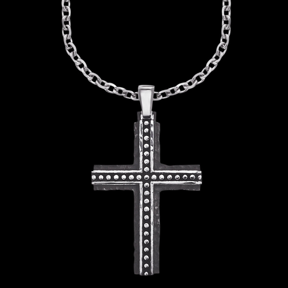 SAVE BRAVE MEN'S BJORN STAINLESS STEEL CROSS NECKLACE - CLOSE-UP