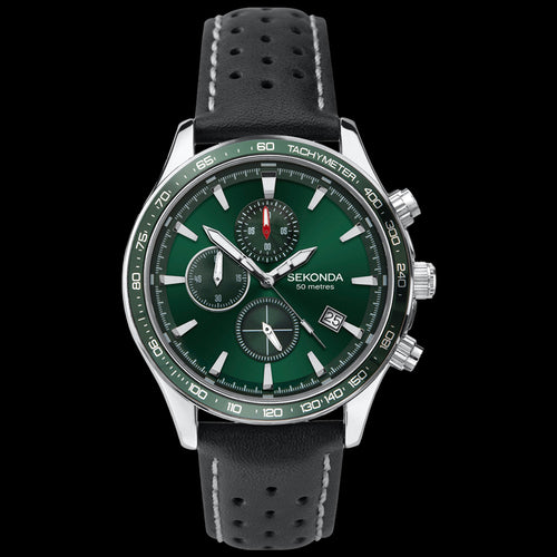 SEKONDA MEN'S GREEN DIAL CHRONO BLACK LEATHER WATCH