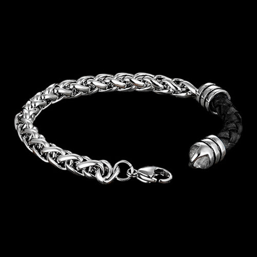 MAXIMAN MIDNIGHT MEN'S BLACK LEATHER STEEL CHAIN BRACELET - OPEN CLASP