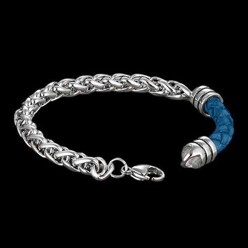 MAXIMAN DAYBREAK MEN'S BLUE LEATHER STEEL CHAIN BRACELET - OPEN CLASP