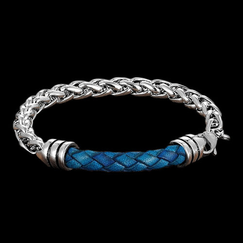 MAXIMAN DAYBREAK MEN'S BLUE LEATHER STEEL CHAIN BRACELET