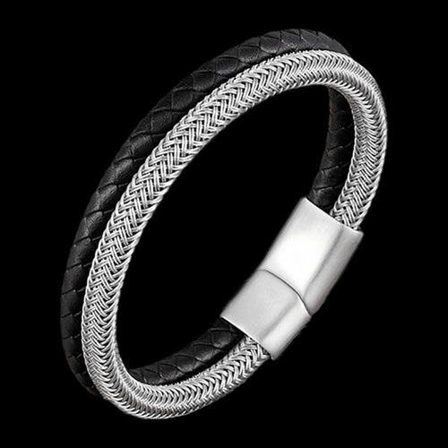 MAXIMAN GALLANTRY MEN'S BLACK & SILVER LEATHER BRACELET