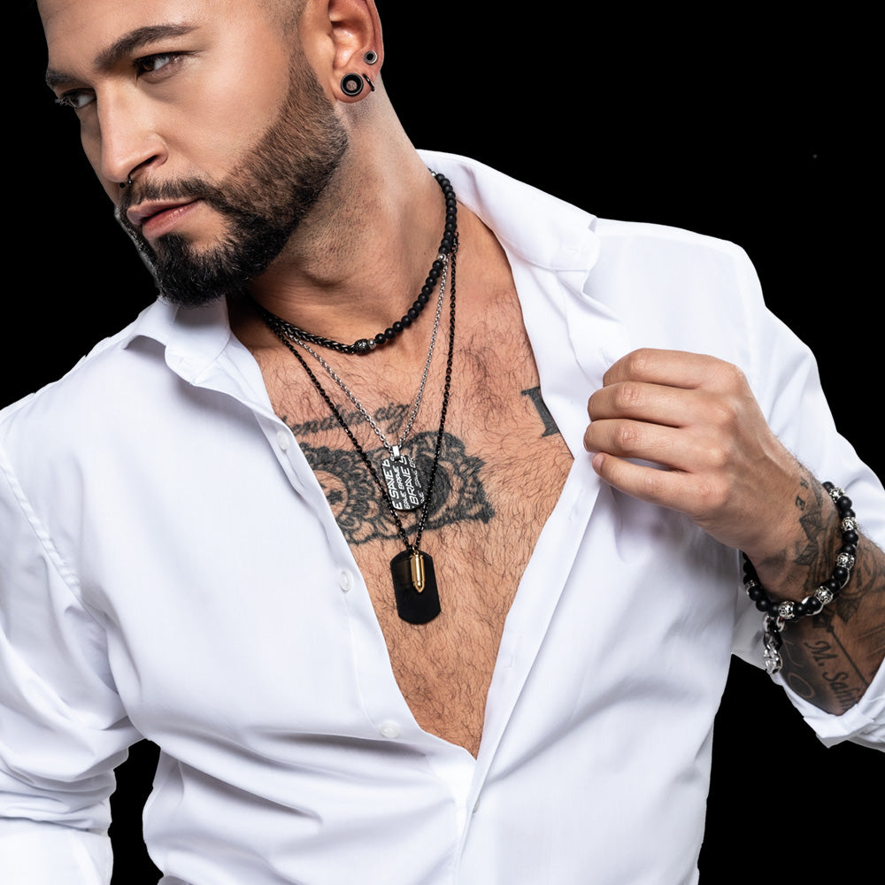 SAVE BRAVE MEN'S MILAN GOLD BULLET DOGTAG NECKLACE - MODEL VIEW 2
