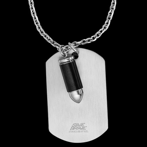 SAVE BRAVE MEN'S MILAN SILVER BULLET DOGTAG NECKLACE - CLOSE-UP