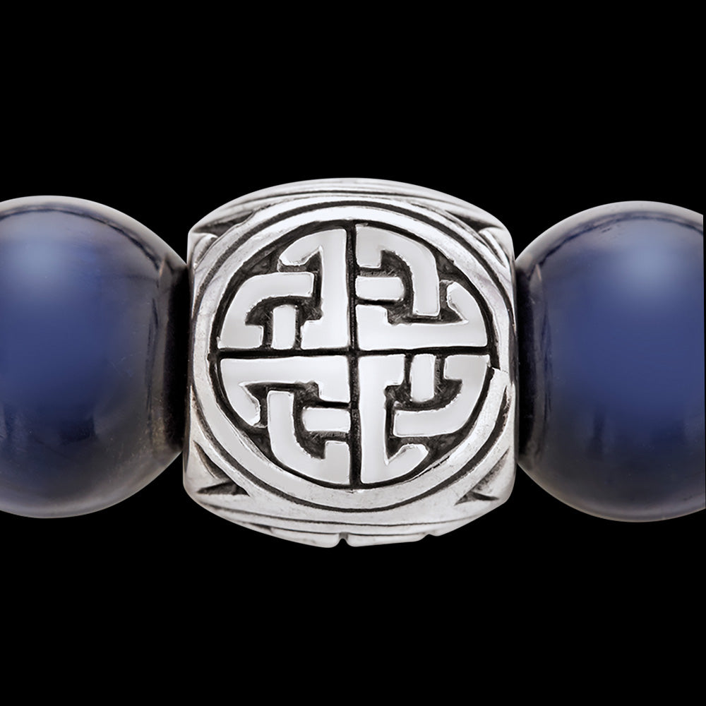SAVE BRAVE MEN'S SILVER BLUE TIGER EYE VIKING SHIELD KNOT BRACELET - CLOSE-UP