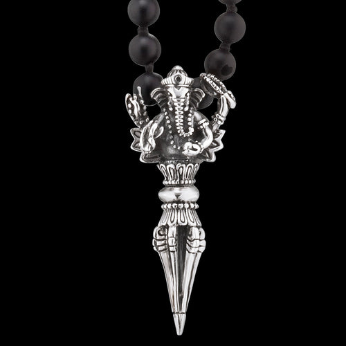 SAVE BRAVE MEN'S SILVER GANESHA DAGGER 70CM BLACK ONYX NECKLACE