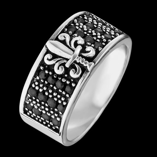 SAVE BRAVE MEN'S SILVER FLEUR-DE-LIS BLACK CZ RING