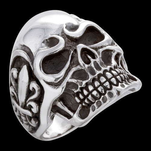 SAVE BRAVE MEN'S SILVER SKULL FLEUR-DE-LIS RING