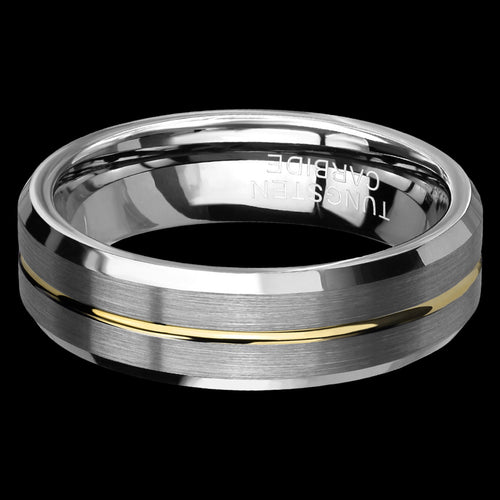 TUNGSTEN CARBIDE MEN’S GOLD GROOVE BRUSHED 6MM BAND RING - TOP VIEW