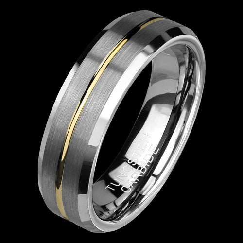 TUNGSTEN CARBIDE MEN’S GOLD GROOVE BRUSHED 6MM BAND RING