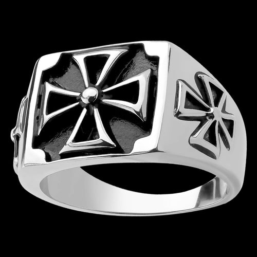 STAINLESS STEEL MEN'S IRON CROSS SIGNET RING - SIDE VIEW