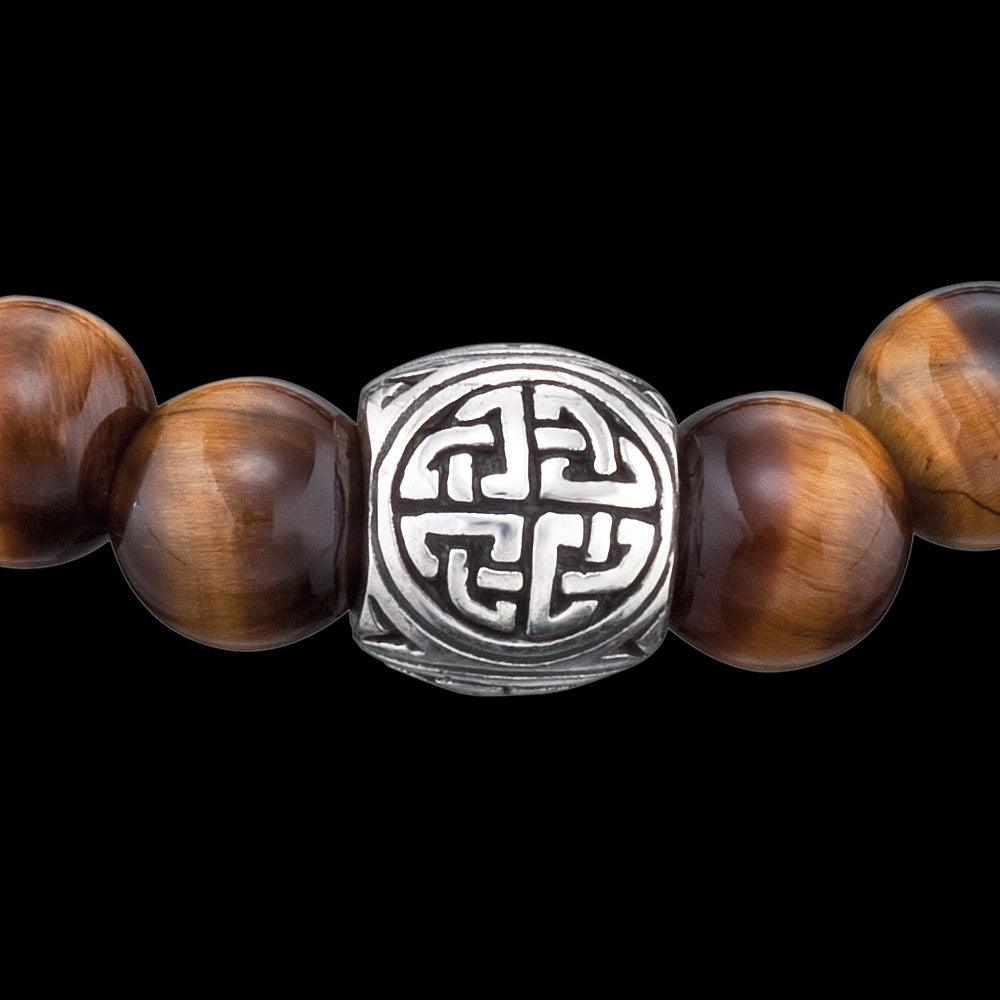 SAVE BRAVE MEN'S SILVER TIGER EYE VIKING SHIELD KNOT BRACELET - CLOSE-UP