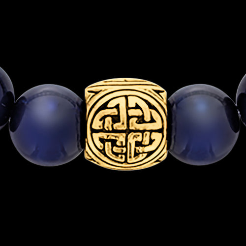 SAVE BRAVE MEN'S GOLD BLUE TIGER EYE VIKING SHIELD KNOT BRACELET - CLOSE-UP