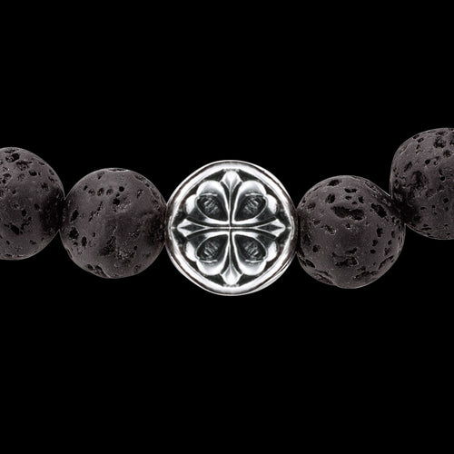 SAVE BRAVE MEN'S SILVER LAVA STONE & BRONZITE FLEUR-DE-LIS BRACELET - CLOSE-UP