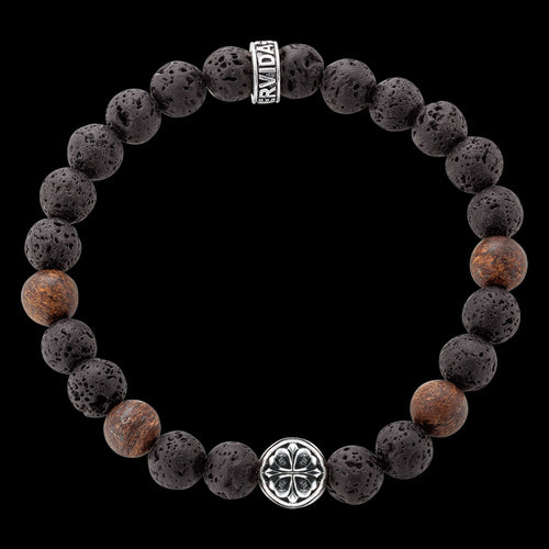 SAVE BRAVE MEN'S SILVER LAVA STONE & BRONZITE FLEUR-DE-LIS BRACELET