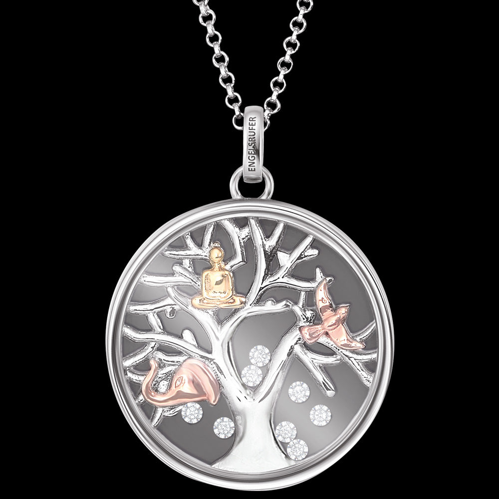 ENGELSRUFER SILVER TREE OF LIFE TRICOLOUR GLASS LOCKET NECKLACE - CLOSE-UP