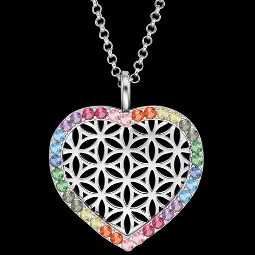 ENGELSRUFER SILVER FLOWER OF LIFE RAINBOW HEART NECKLACE - CLOSE-UP