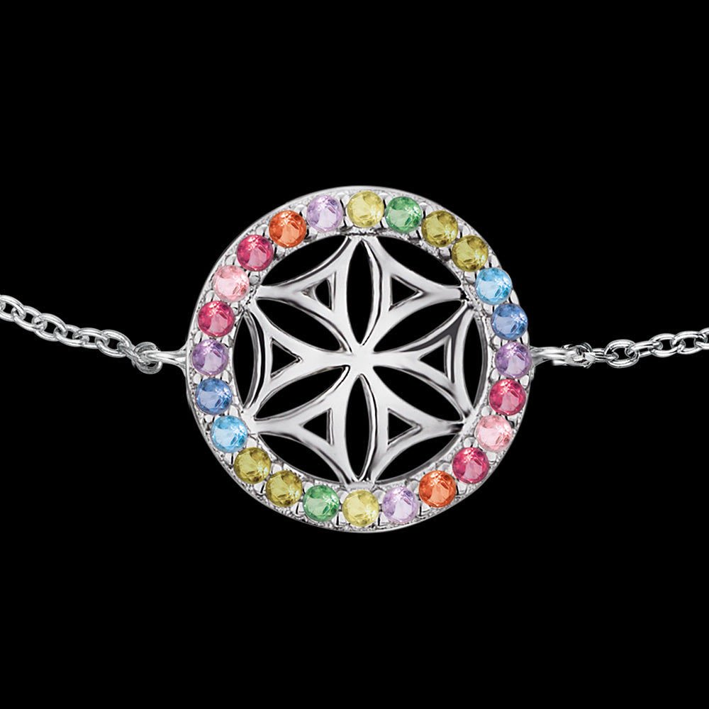 ENGELSRUFER SILVER FLOWER OF LIFE RAINBOW CZ BRACELET - CLOSE-UP
