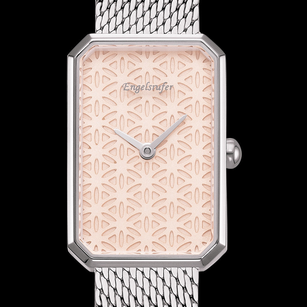 ENGELSRUFER SILVER FLOWER OF LIFE MESH WATCH - DIAL CLOSE-UP