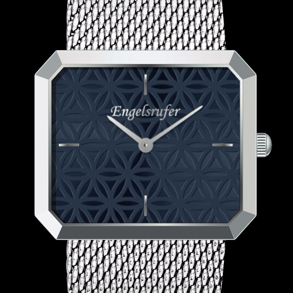 ENGELSRUFER SILVER FLOWER OF LIFE NIGHT BLUE LIMITED EDITION WATCH - DIAL CLOSE-UP