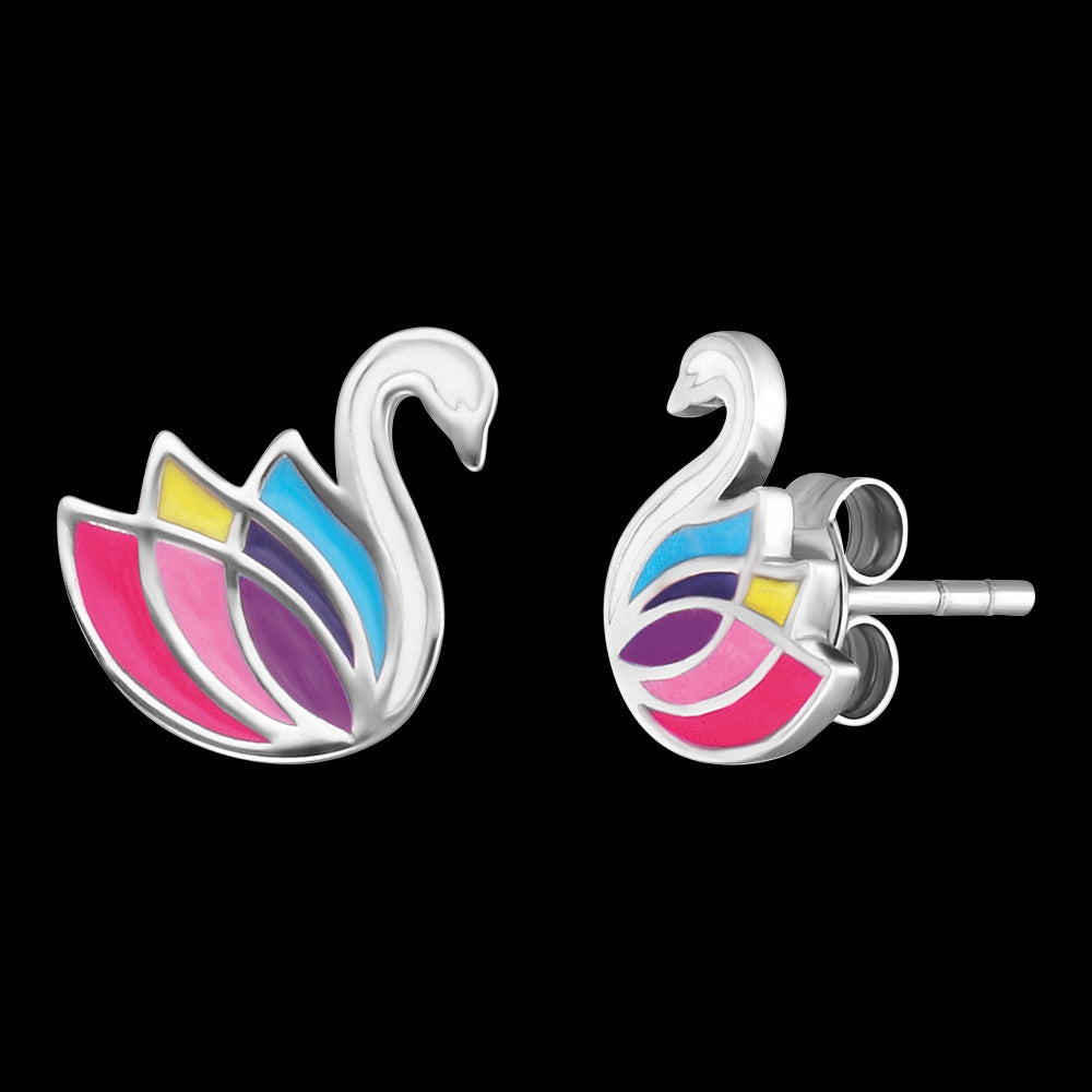 SWAN RAINBOW SILVER ENAMEL CHILDREN'S EARRINGS | HERZENGEL AUSTRALIA