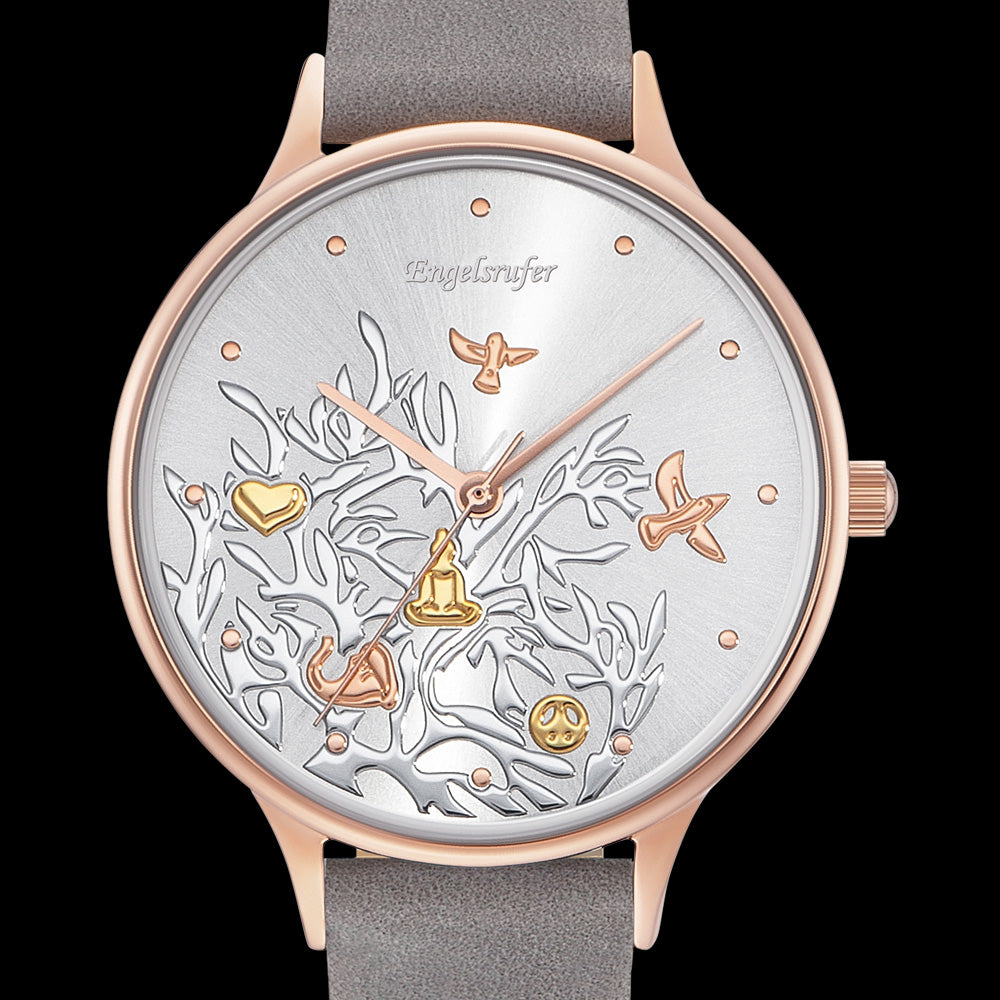 ENGELSRUFER TREE OF LIFE ROSE GOLD LEATHER WATCH - DIAL CLOSE-UP