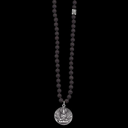 SAVE BRAVE MEN'S SILVER BUDDHA AMULET 70CM LAVA STONE NECKLACE - MEDIUM VIEW