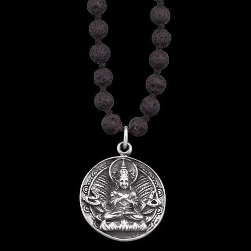 SAVE BRAVE MEN'S SILVER BUDDHA AMULET 70CM LAVA STONE NECKLACE