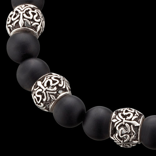 SAVE BRAVE MEN'S SILVER BLACK ONYX FLEUR DE LIS BRACELET - CLOSE-UP