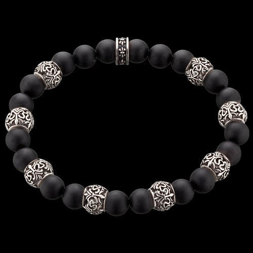 SAVE BRAVE MEN'S SILVER BLACK ONYX FLEUR DE LIS BRACELET