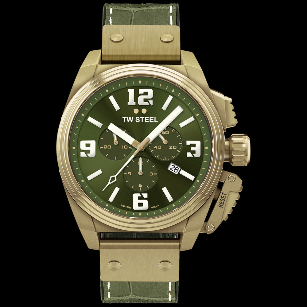 TW STEEL SWISS SAPPHIRE CANTEEN OLIVE GREEN & GOLD CHRONO WATCH TW1015