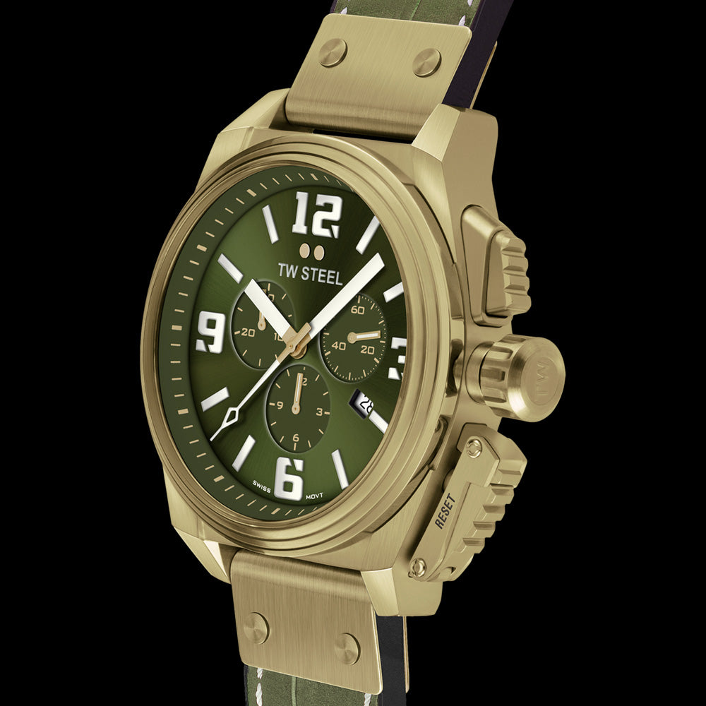 TW STEEL SWISS SAPPHIRE CANTEEN OLIVE GREEN & GOLD CHRONO WATCH TW1015 - SIDE VIEW
