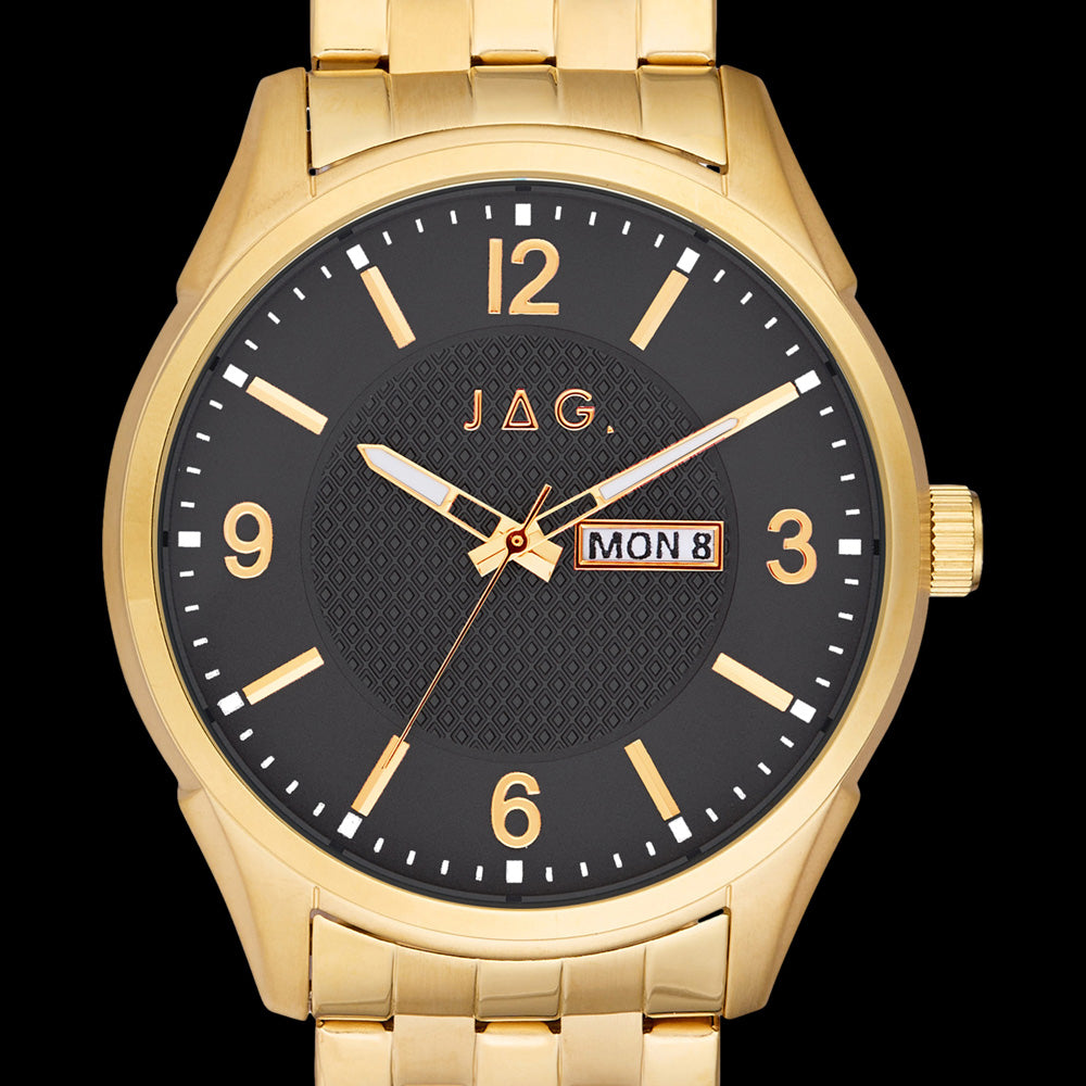 JAG MEN'S WILLIAM BLACK DIAL GOLD DAY DATE WATCH - DIAL CLOSE-UP