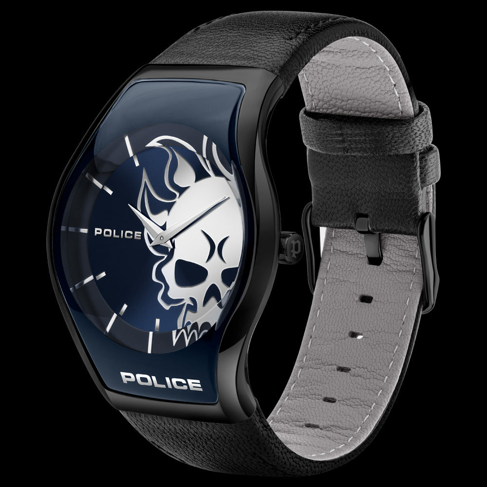 POLICE MEN'S SPHERE BLUE FLAMING SKULL WATCH - TILT VIEW