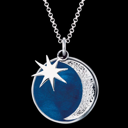 SILVER SUN, MOON & STAR BLUE ENAMEL NECKLACE - CLOSE-UP