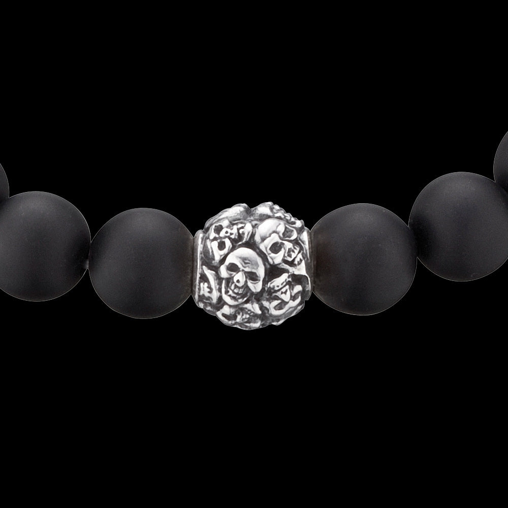 SAVE BRAVE MEN'S SILVER BLACK ONYX SKULL BRACELET - CLOSE-UP