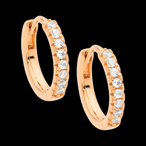 ELLANI STERLING SILVER ROSE GOLD 14MM HUGGIE CZ EARRINGS