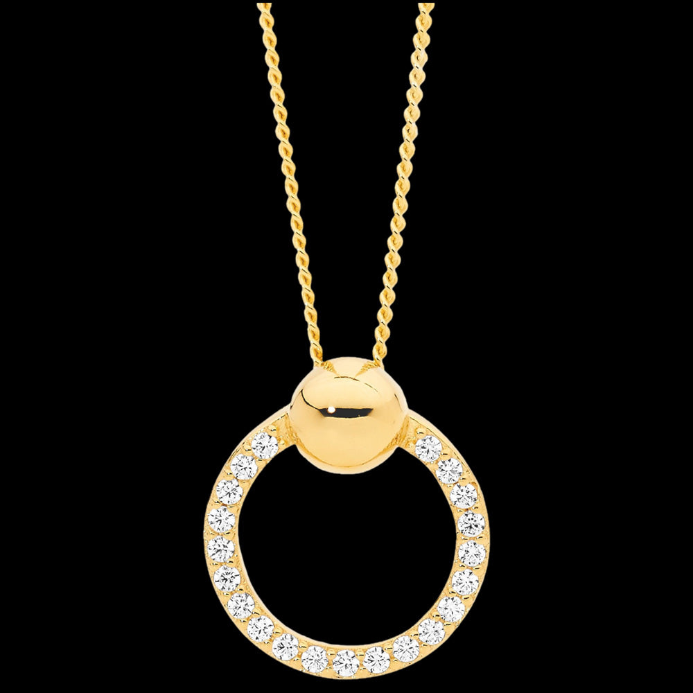ELLANI STERLING SILVER GOLD CZ DOME 13MM OPEN CIRCLE NECKLACE