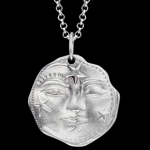 ENGELSRUFER SILVER SUN MOON & STARS COIN NECKLACE - FRONT CLOSE-UP